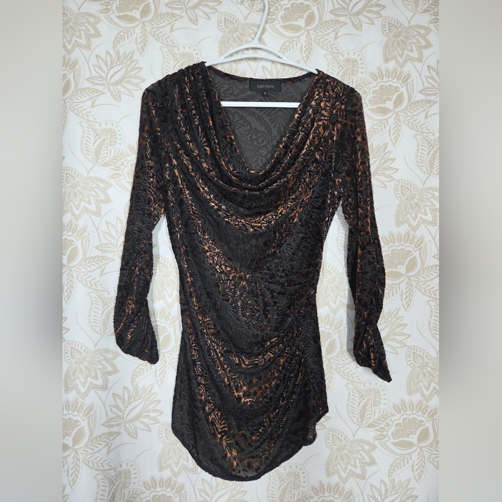 KAREN KANE BURN OUT SHEER VELVET PAISLEY COWL NECK TOP DARK FAIRY WHIMSY GOTH